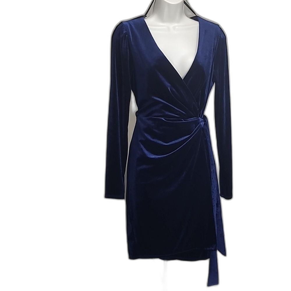 Premier Amour Velvet Wrap Dress Womens 6 Navy Blue NEW P1961447 Long Sleeve Mini
